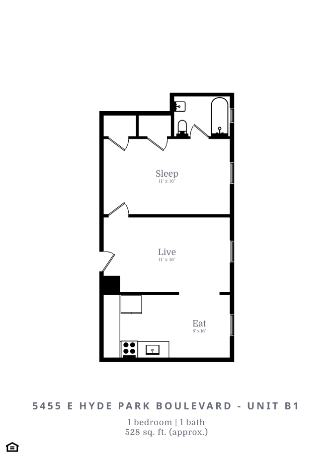 Floor plan for 1 bed, 1 bath, 530 sqft